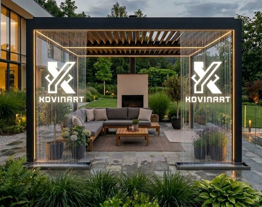 Pergola z vodnimi zavesami in KovinART logotipom